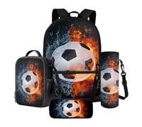 Poceacles Lot de 4 sacs à dos d'école et sac à déjeuner contenant un sac à dos, une boîte à déjeuner, une trousse à crayons, des manches pour bouteille pour garçons et filles, Feu de football