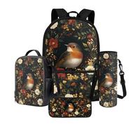 Poceacles Lot de 4 sacs à dos d'école et sac à déjeuner contenant un sac à dos, une boîte à déjeuner, une trousse à crayons, des manches pour bouteille pour garçons et filles, Rouge-gorge floral,