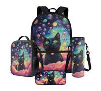 Poceacles Lot de 4 sacs à dos d'école et sac à déjeuner contenant un sac à dos, une boîte à déjeuner, une trousse à crayons, des manches pour bouteille pour garçons et filles, Chat Noir Bubble, Taille