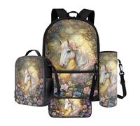 Poceacles Lot de 4 sacs à dos d'école et sac à déjeuner contenant un sac à dos, une boîte à déjeuner, une trousse à crayons, des manches pour bouteille pour garçons et filles, Fleur de cheval blanc,