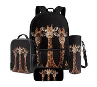 Poceacles Lot de 4 sacs à dos d'école et sac à déjeuner contenant un sac à dos, une boîte à déjeuner, une trousse à crayons, des manches pour bouteille pour garçons et filles, Girafe Noir, Taille