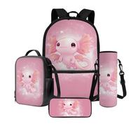 Poceacles Lot de 4 sacs à dos d'école et sac à déjeuner contenant un sac à dos, une boîte à déjeuner, une trousse à crayons, des manches pour bouteille pour garçons et filles, Axolotl Rose, Taille