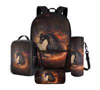 Poceacles Lot de 4 sacs à dos d'école et sac à déjeuner contenant un sac à dos, une boîte à déjeuner, une trousse à crayons, des manches pour bouteille pour garçons et filles, Cheval noir., Taille