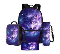 Poceacles Lot de 4 sacs à dos d'école et sac à déjeuner contenant un sac à dos, une boîte à déjeuner, une trousse à crayons, des manches pour bouteille pour garçons et filles, Loup Galaxie Violet,