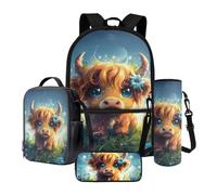 Poceacles Lot de 4 sacs à dos d'école et sac à déjeuner contenant un sac à dos, une boîte à déjeuner, une trousse à crayons, des manches pour bouteille pour garçons et filles, Vache Highland Cartoon,