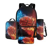 Poceacles Lot de 4 sacs à dos d'école et sac à déjeuner contenant un sac à dos, une boîte à déjeuner, une trousse à crayons, des manches pour bouteille pour garçons et filles, Ballon de basket flamme
