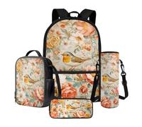 Poceacles Lot de 4 sacs à dos d'école et sac à déjeuner contenant un sac à dos, une boîte à déjeuner, une trousse à crayons, des manches pour bouteille pour garçons et filles, Fleur rouge-gorge,