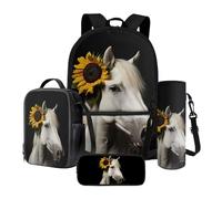 Poceacles Lot de 4 sacs à dos d'école et sac à déjeuner contenant un sac à dos, une boîte à déjeuner, une trousse à crayons, des manches pour bouteille pour garçons et filles, Cheval blanc tournesol