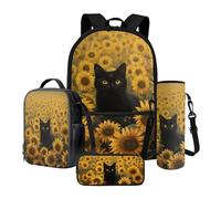 Poceacles Lot de 4 sacs à dos d'école et sac à déjeuner contenant un sac à dos, une boîte à déjeuner, une trousse à crayons, des manches pour bouteille pour garçons et filles, Tournesol chat noir,