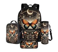 Poceacles Lot de 4 sacs à dos d'école et sac à déjeuner contenant un sac à dos, une boîte à déjeuner, une trousse à crayons, des manches pour bouteille pour garçons et filles, Papillon étoile lune
