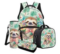Poceacles Lot de 4 sacs à dos d'école pour enfants avec imprimé animal de dessin animé - Sac à déjeuner - Trousse à crayons - Housse pour bouteille d'eau - Pour filles et garçons, Paresseux Tropical
