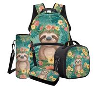 Poceacles Lot de 4 sacs à dos d'école pour enfants avec imprimé animal de dessin animé - Sac à déjeuner - Trousse à crayons - Housse pour bouteille d'eau - Pour filles et garçons, Paresseux Floral