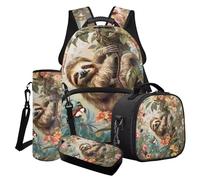 Poceacles Lot de 4 sacs à dos d'école pour enfants avec imprimé animal de dessin animé - Sac à déjeuner - Trousse à crayons - Housse pour bouteille d'eau - Pour filles et garçons, Paresseux arbre