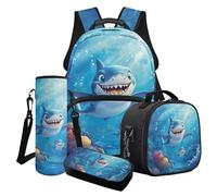 Poceacles Lot de 4 sacs à dos d'école pour enfants avec imprimé animal de dessin animé - Sac à déjeuner - Trousse à crayons - Housse pour bouteille d'eau - Pour filles et garçons, Requin Coral Reef
