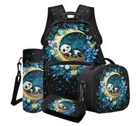 Poceacles Lot de 4 sacs à dos d'école tendance pour garçons et filles, sac à déjeuner, trousse à crayons, sac à dos tendance pour enfants et adolescents, Panda Moon Leaves Blue Star, Taille unique