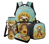 Poceacles Lot de 4 sacs à dos d'école tendance pour garçons et filles, sac à déjeuner, trousse à crayons, sac à dos tendance pour enfants et adolescents, Paresseux Tournesol, Taille unique, Ensemble