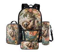 Poceacles Lot de 4 sacs à dos et sac à déjeuner pour enfants - Fournitures de salle de classe - Sac à déjeuner, trousse à crayons, pochette pour bouteille d'eau, Paresseux Fleur Papillon, Taille