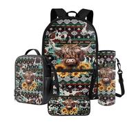 Poceacles Lot de 4 sacs à dos et sac à déjeuner pour enfants - Fournitures de salle de classe - Sac à déjeuner, trousse à crayons, pochette pour bouteille d'eau, Aztec Highland Cow Teal Brown, Taille