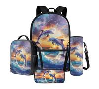 Poceacles Lot de 4 sacs à dos pour enfants avec grande capacité thermique, boîte à lunch, trousse à crayons, porte-bouteille, Dolphin Seagull Sea Sunset, Talla única, Ensemble de sac à dos d'écolier