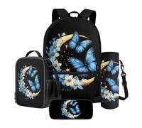 Poceacles Lot de 4 sacs à dos pour enfants avec sac à dos thermique grande capacité Sac à déjeuner Sac à crayons et pochette pour bouteille, Papillon Lune Fleur Bleu Noir, Taille unique, Ensemble