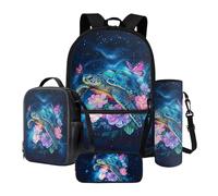 Poceacles Lot de 4 sacs à dos pour enfants avec sac à dos thermique grande capacité Sac à déjeuner Sac à crayons et pochette pour bouteille, Tortue de mer, papillon, galaxie, bleu, Taille unique,