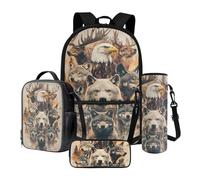 Poceacles Lot de 4 sacs d'école avec trousse à crayons - Grande capacité - Sac à dos - Sac à déjeuner - Sac à bouteille - Fournitures scolaires, Ours Loup Aigle Cerf, Taille unique, Ensemble cartable