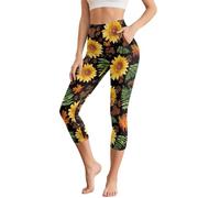 Poceacles Pantalon de yoga taille haute avec poches pour femme, legging capri non transparent pour entraînement, gym, bureau, plage, Feuille de patte de tournesol noire, S