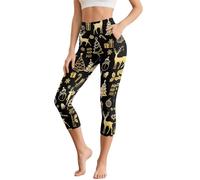 Poceacles Pantalon de yoga taille haute avec poches pour femme, legging capri non transparent pour entraînement, gym, bureau, plage, Sapin de Noël bonhomme de neige renne Noir, XS