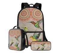 Poceacles Sac à dos avec boîte à déjeuner, cartable d'école, cartable, sac à dos de voyage, sac à dos 3 pièces pour enfants, Colibri Mandala Boho, Taille unique