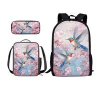 Poceacles Sac à dos pour enfants, filles, garçons, ensemble de cartable avec boîte à déjeuner, trousse à crayons, cartable d'école primaire, sac à dos de randonnée, Colibri fleur de pêcher, taille