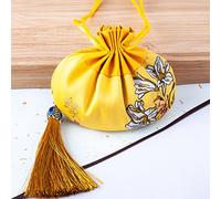 Pochette à bijoux en soie avec cordon, porte-monnaie en brocart brodé, 4 sachets chinois, pochettes en brocart imprimées, sac cadeau à cordon, sac parfumé vide avec pompon, style Hanfu(Yellow)