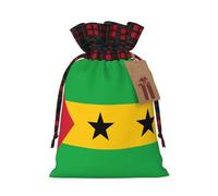 Pochette à cordon en jute avec motif drapeau de Sao Tomé-et-Principe avec tissu écossais et étiquette en papier kraft, sac léger et durable