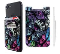 Pochette adhésive double poche en lycra pour téléphone portable avec porte-cartes de crédit et d'identité, motif papillon coloré pour iPhone, iPad, Samsung Galaxy, smartphones Android