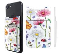 Pochette adhésive double poche en lycra pour téléphone portable avec porte-cartes Motif fleurs sauvages Pour iPhone, iPad, Samsung Galaxy, smartphones Android