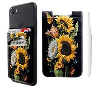 Pochette adhésive double poche en lycra pour téléphone portable avec porte-cartes pour iPhone, iPad, Samsung Galaxy, smartphones Android, Tournesols et papillons, Double, Pochette