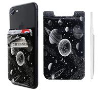 Pochette adhésive double poche en lycra pour téléphone portable, porte-cartes de crédit, carte d'identité, petit portefeuille motif lune, espace pour iPhone, iPad, Samsung Galaxy, smartphones Android