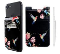Pochette adhésive double poche en lycra pour téléphone portable, porte-cartes de crédit, carte d'identité, petit portefeuille, motif colibri, fleurs pour iPhone, iPad, Samsung Galaxy, smartphones