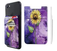 Pochette adhésive double poche en lycra pour téléphone portable, porte-cartes de crédit, carte d'identité, petit portefeuille motif tournesol violet galaxie pour iPhone, iPad, Samsung Galaxy