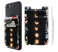 Pochette adhésive double poche en lycra pour téléphone portable, porte-cartes de crédit, carte d'identité, petit portefeuille motif lune fleur pour iPhone, iPad, Samsung Galaxy, smartphones Android