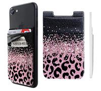 Pochette adhésive double poche en lycra pour téléphone portable, porte-cartes de crédit, carte d'identité, petit portefeuille rose à paillettes motif léopard pour iPhone, iPad, Samsung Galaxy