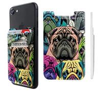 Pochette adhésive double poche en lycra pour téléphone portable - Porte-cartes de crédit et d'identité - Motif carlin - Pour iPhone, iPad, Samsung Galaxy, smartphones Android