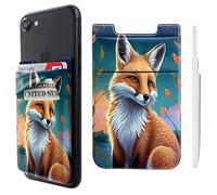 Pochette adhésive double poche en lycra pour téléphone portable - Porte-cartes de crédit et d'identité - Motif renard mignon - Pour iPhone, iPad, Samsung Galaxy, smartphones Android