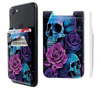 Pochette adhésive double poche en lycra pour téléphone portable, porte-cartes, motif tête de mort et rose pour iPhone, iPad, Samsung Galaxy, smartphones Android