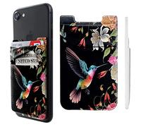 Pochette adhésive double poche en lycra pour téléphone portable, porte-cartes, petit portefeuille, motif colibri, pivoine, fleurs, pour iPhone, iPad, Samsung Galaxy, smartphones Android