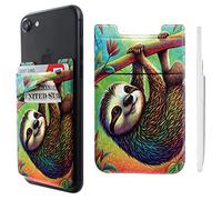 Pochette adhésive double poche en lycra pour téléphone portable, porte-cartes, petit portefeuille motif paresseux mignon pour iPhone, iPad, Samsung Galaxy, smartphones Android