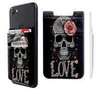 Pochette adhésive double poche en lycra pour téléphone portable, porte-cartes, petit portefeuille, tête de mort, amour pour iPhone, iPad, Samsung Galaxy, smartphones Android