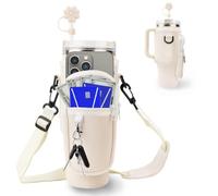 Pochette Bouteille Eau pour Stanley 40oz Cup,avec Sangle Ajustable et Poche pour Téléphone,Porte Gourde sac à dos avec Couverture de Paille & Mousqueton,pour la Marche et le Fitness (Blanc)