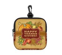 Pochette carrée à fermeture éclair Happy Thanksgiving avec impression intégrale, tissu en caoutchouc imperméable, léger et durable, petit sac de rangement pour pièces de monnaie, cartes, clés