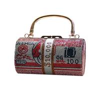 Pochette Cylindre Imprimé Billets de Banque à Strass, Sac de Soirée Étincelant avec Poignée Supérieure et Chaîne Amovible, Sac à Main pour Soirée Mondaine Rouge