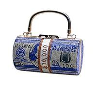 Pochette Cylindre Imprimé Billets de Banque à Strass, Sac de Soirée Étincelant avec Poignée Supérieure et Chaîne Amovible, Sac à Main pour Soirée Mondaine Bleu